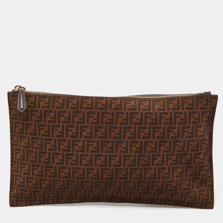 Pre Owned Fendi Tobacco Zucca Suede Flat Zip Pouch
