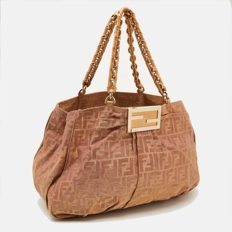 Pre Owned Fendi Holographic Zucca Lurex Fabric and Leather Large Mia Hobo