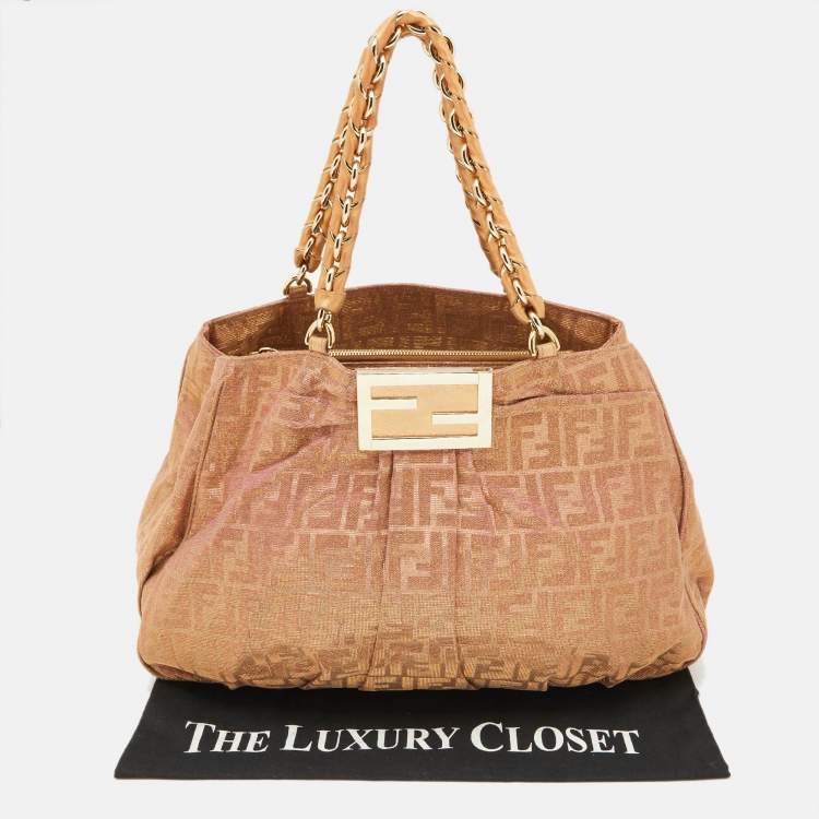 Pre Owned Fendi Holographic Zucca Lurex Fabric and Leather Large Mia Hobo