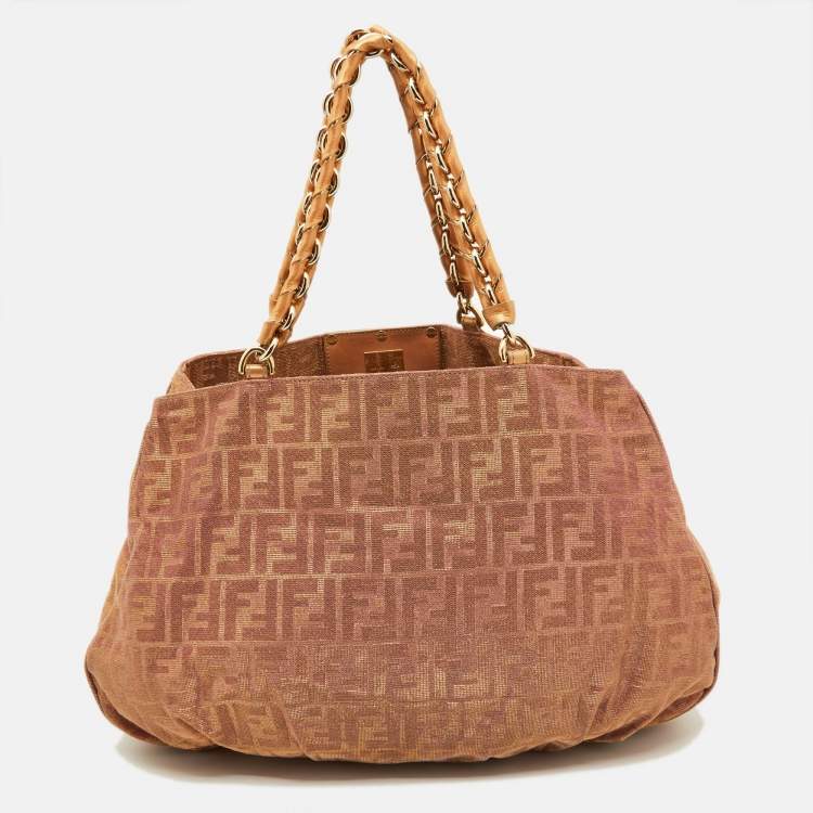 Pre Owned Fendi Holographic Zucca Lurex Fabric and Leather Large Mia Hobo