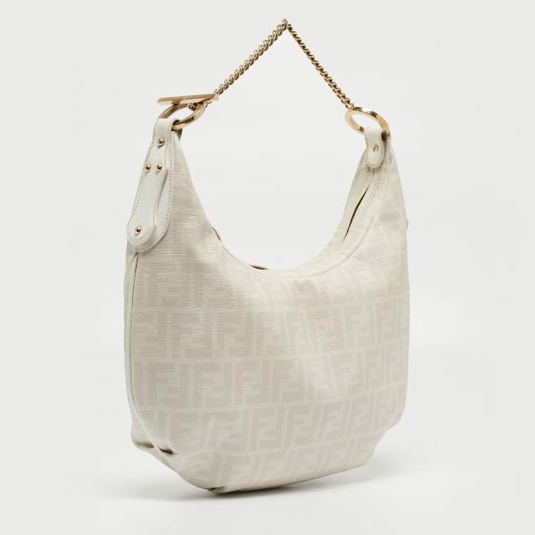 Pre Owned Fendi White/Grey Zucca Coated Canvas and Leather Chef Chain Hobo