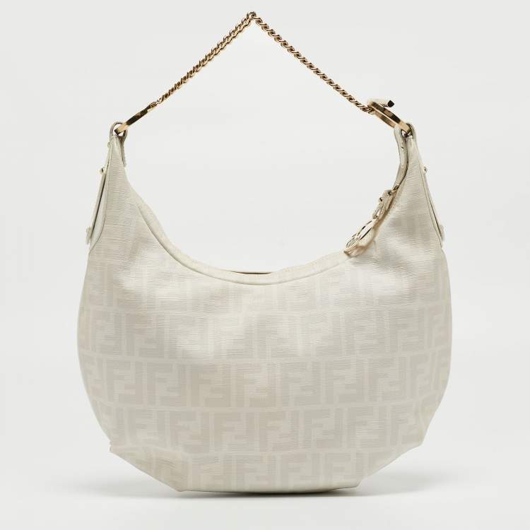 Pre Owned Fendi White/Grey Zucca Coated Canvas and Leather Chef Chain Hobo