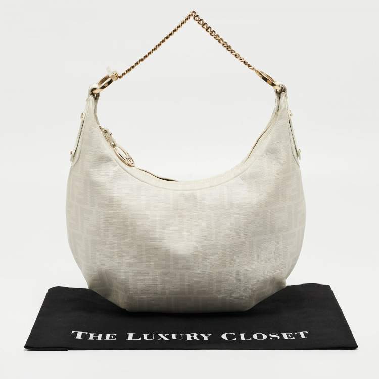 Pre Owned Fendi White/Grey Zucca Coated Canvas and Leather Chef Chain Hobo