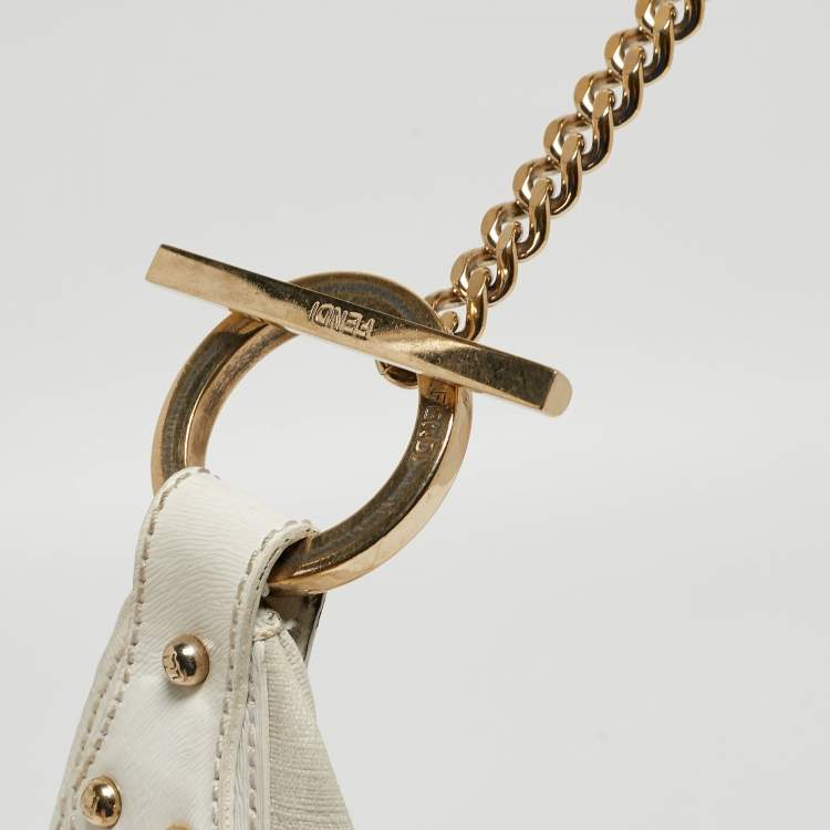 Pre Owned Fendi White/Grey Zucca Coated Canvas and Leather Chef Chain Hobo