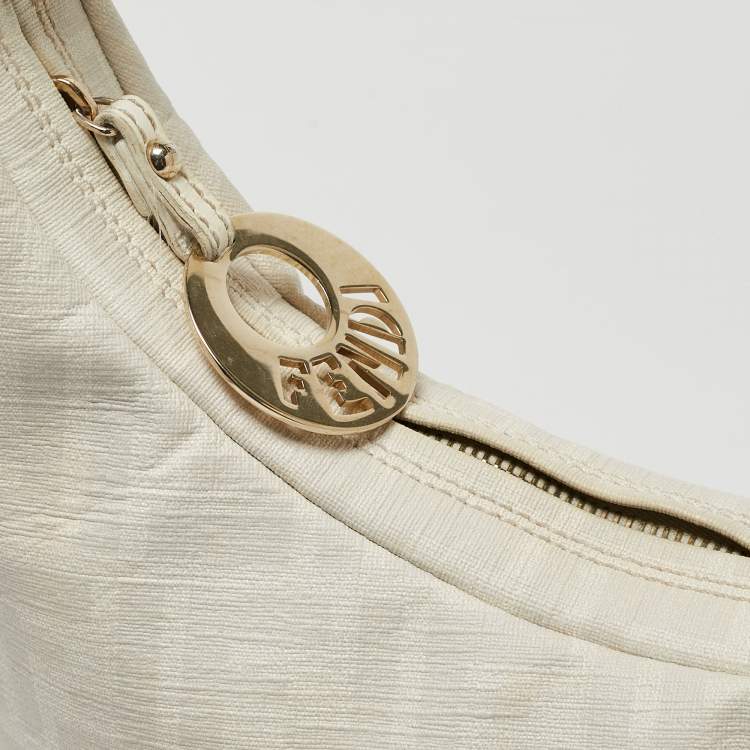 Pre Owned Fendi White/Grey Zucca Coated Canvas and Leather Chef Chain Hobo