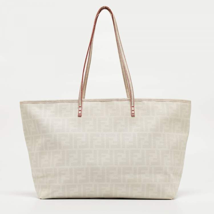 Pre Owned Fendi White/Grey Zucca Coated Canvas and Leather Large Roll Tote