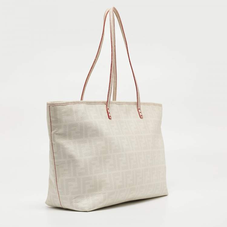 Pre Owned Fendi White/Grey Zucca Coated Canvas and Leather Large Roll Tote