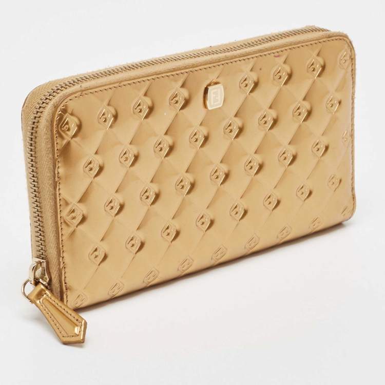 Pre Owned Fendi Gold Embossed Patent Leather Fendilicious Continental Wallet