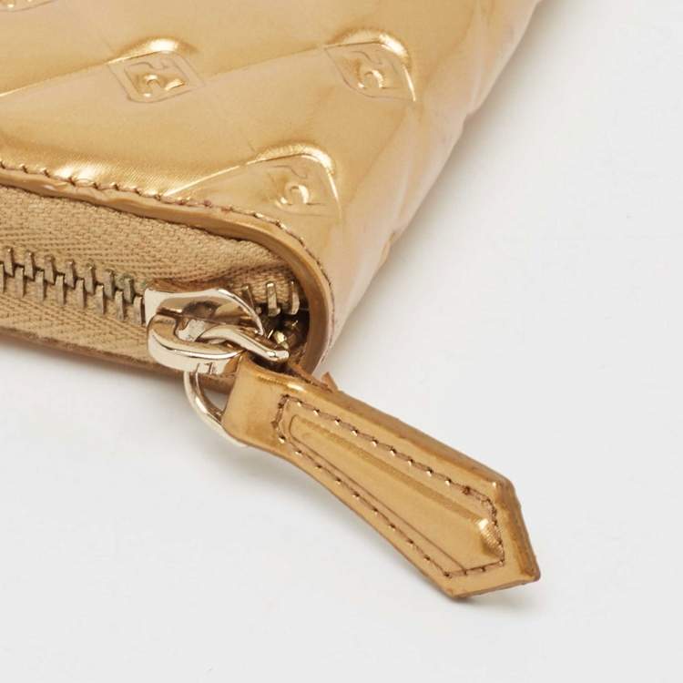 Pre Owned Fendi Gold Embossed Patent Leather Fendilicious Continental Wallet