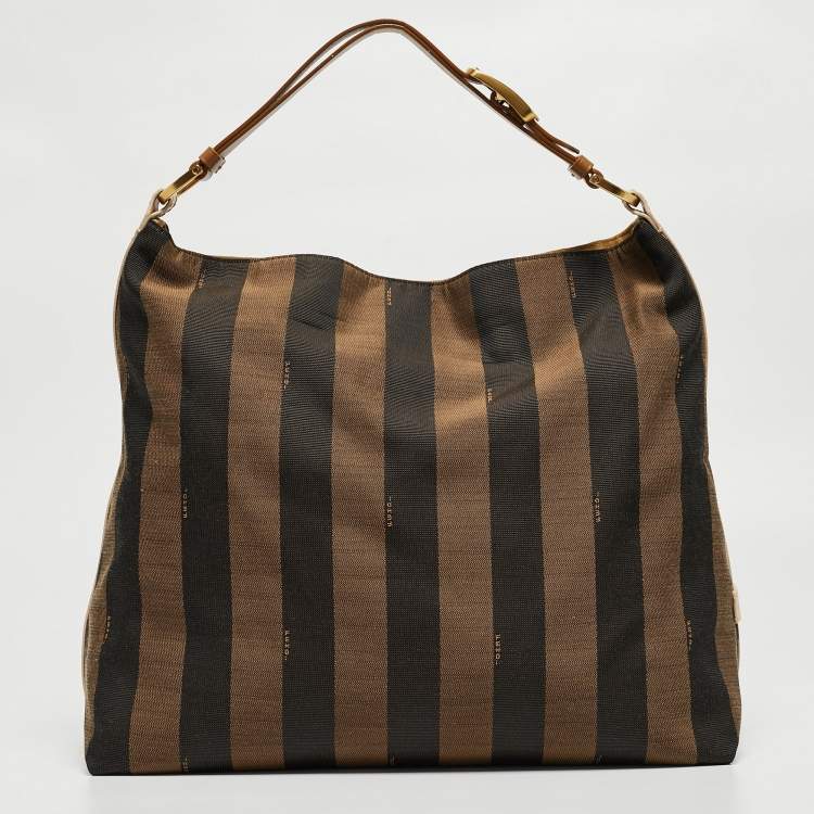 Pre Owned Fendi Tobacco/Black Canvas and Leather Large Pequin Striped Hobo