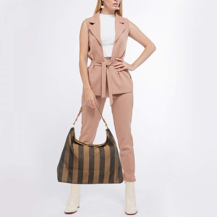 Pre Owned Fendi Tobacco/Black Canvas and Leather Large Pequin Striped Hobo