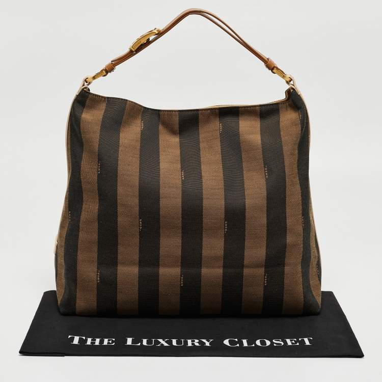 Pre Owned Fendi Tobacco/Black Canvas and Leather Large Pequin Striped Hobo