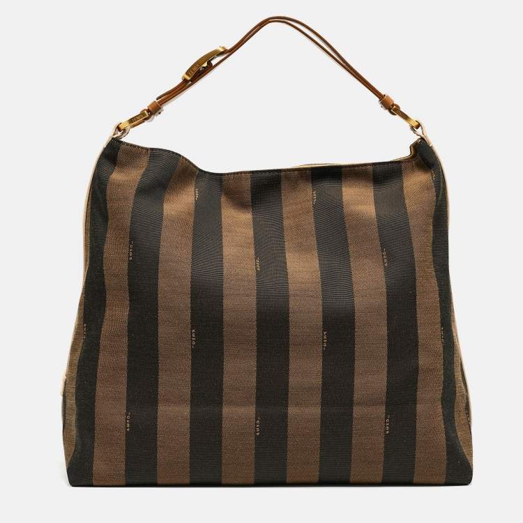 Pre Owned Fendi Tobacco/Black Canvas and Leather Large Pequin Striped Hobo