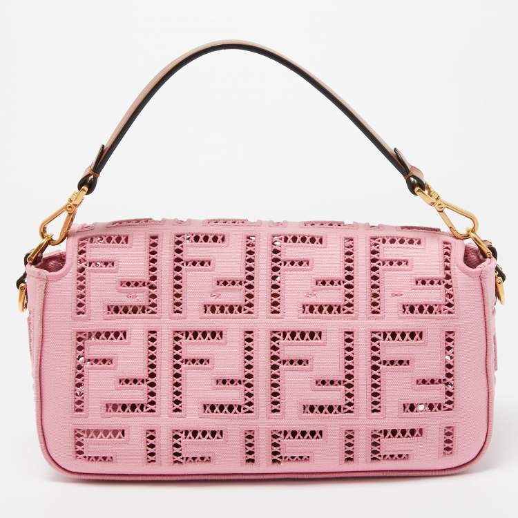Pre Owned Fendi Pink FF Openwork Embroidered Canvas Medium Baguette Bag