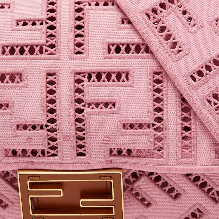 Pre Owned Fendi Pink FF Openwork Embroidered Canvas Medium Baguette Bag