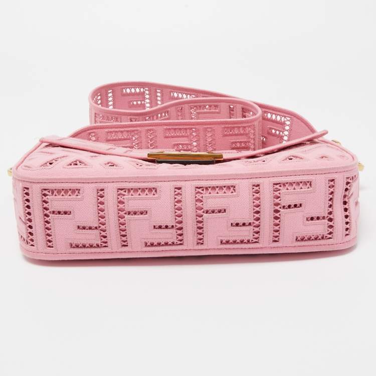 Pre Owned Fendi Pink FF Openwork Embroidered Canvas Medium Baguette Bag