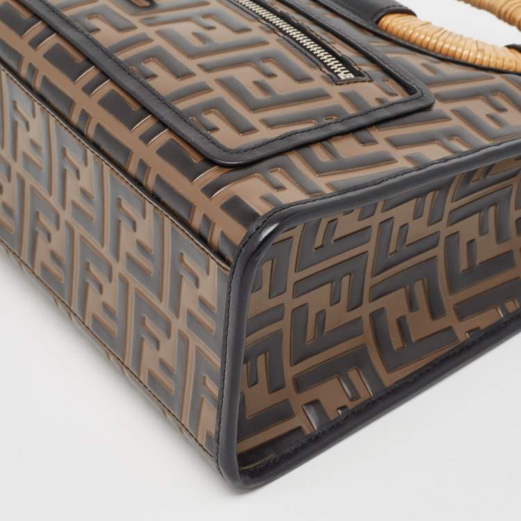 Pre Owned Fendi Brown/Black Zucca Embossed Leather and Wicker Small Runaway Shopper Tote