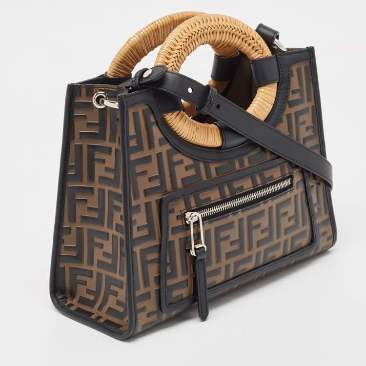 Pre Owned Fendi Brown/Black Zucca Embossed Leather and Wicker Small Runaway Shopper Tote