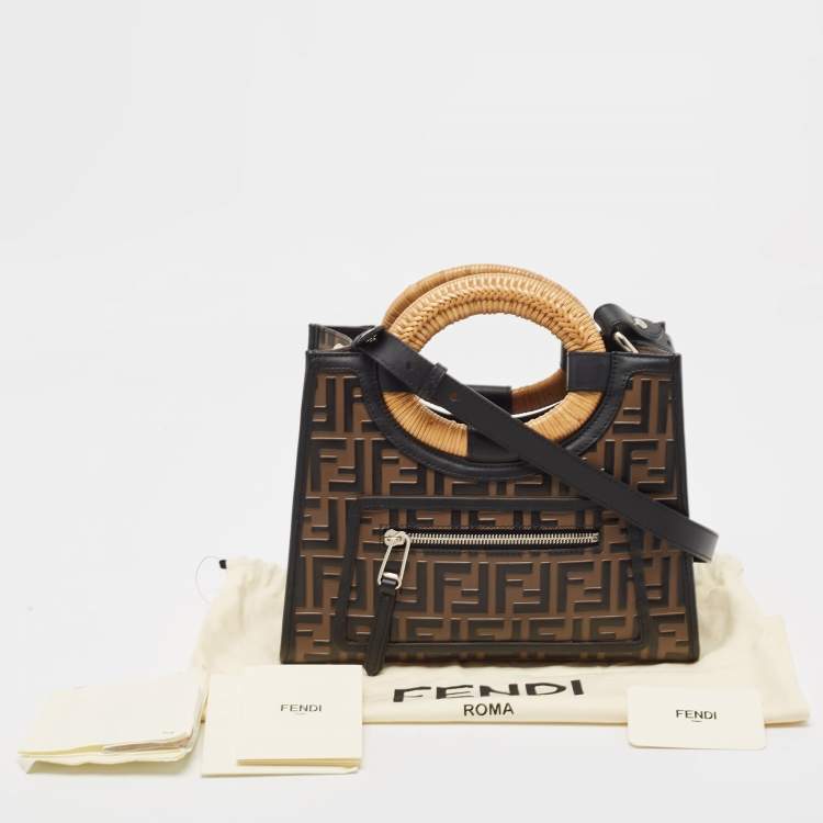 Pre Owned Fendi Brown/Black Zucca Embossed Leather and Wicker Small Runaway Shopper Tote