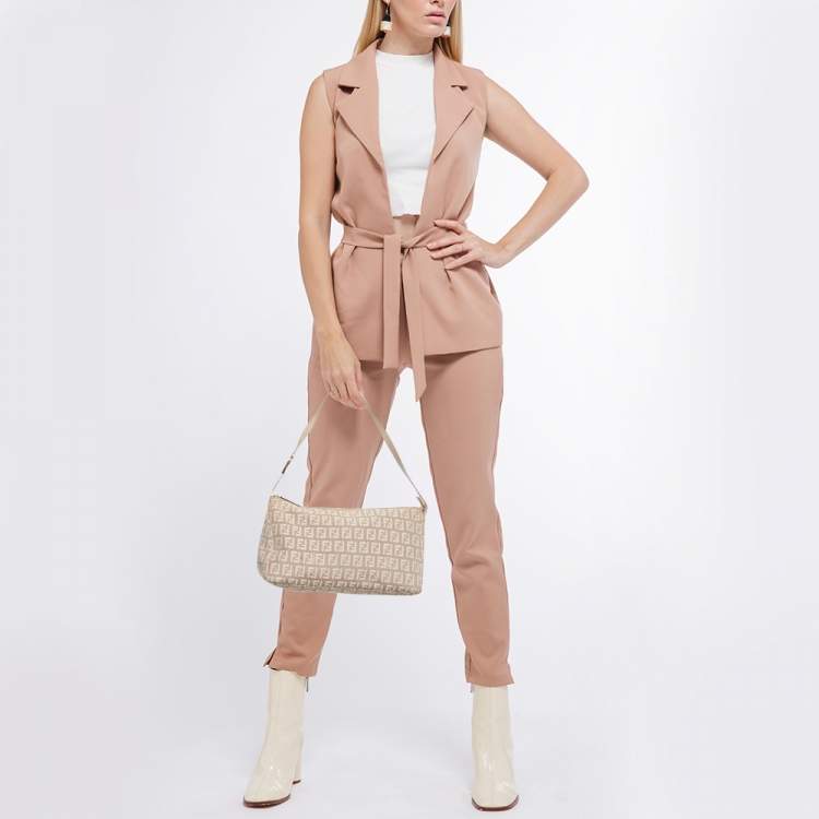 Pre Owned Fendi Beige Zuchinno Canvas and Leather Pochette Bag