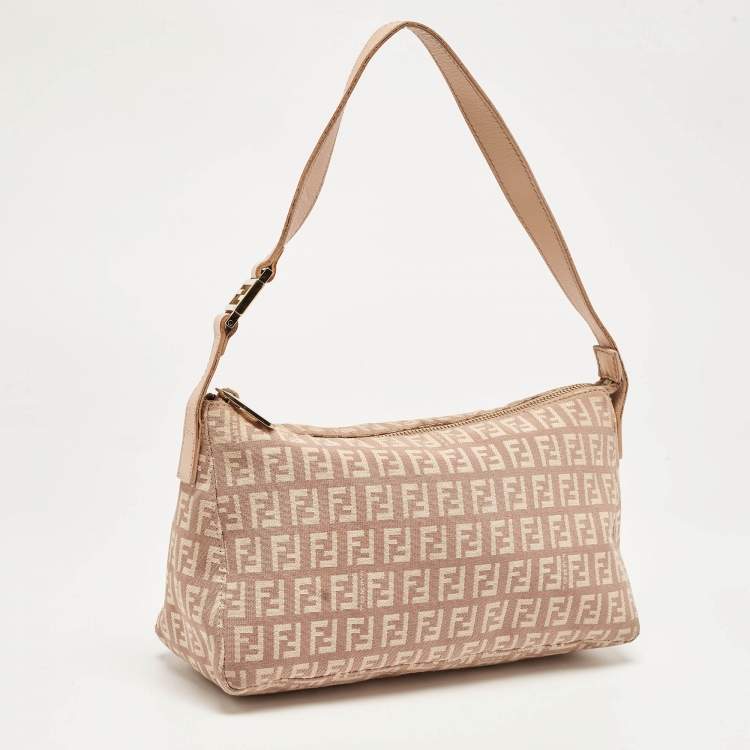 Pre Owned Fendi Beige Zuchinno Canvas and Leather Pochette Bag