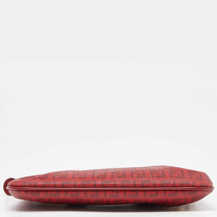 Pre Owned Fendi Red Zucchino Coated Canvas and Leather Charm Chain Pochette 