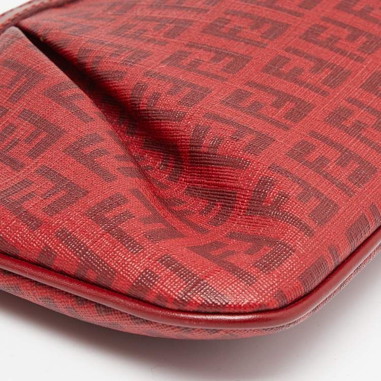 Pre Owned Fendi Red Zucchino Coated Canvas and Leather Charm Chain Pochette 