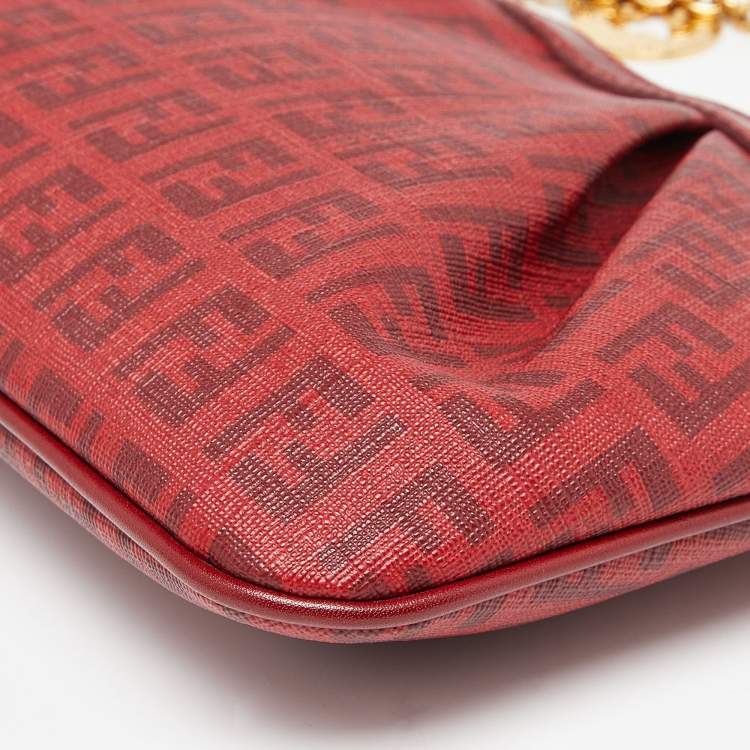 Pre Owned Fendi Red Zucchino Coated Canvas and Leather Charm Chain Pochette 