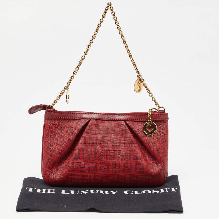 Pre Owned Fendi Red Zucchino Coated Canvas and Leather Charm Chain Pochette 