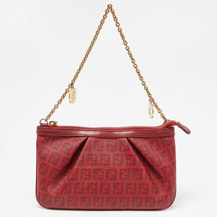 Pre Owned Fendi Red Zucchino Coated Canvas and Leather Charm Chain Pochette 