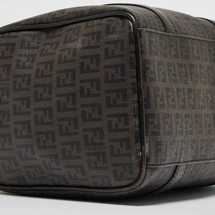 Pre Owned Fendi Dark Brown Zucchino Coated Canvas Small Forever Bauletto Boston Bag