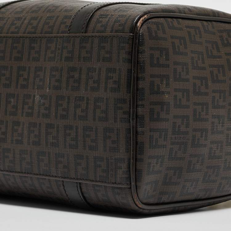 Pre Owned Fendi Dark Brown Zucchino Coated Canvas Small Forever Bauletto Boston Bag