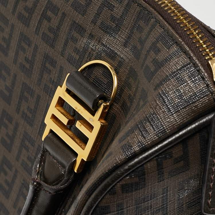 Pre Owned Fendi Dark Brown Zucchino Coated Canvas Small Forever Bauletto Boston Bag