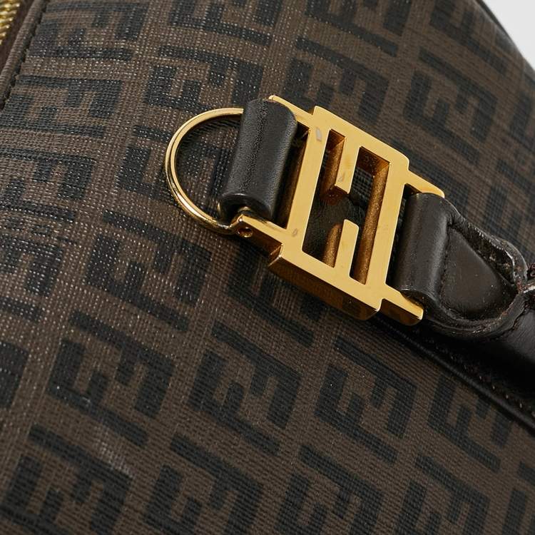 Pre Owned Fendi Dark Brown Zucchino Coated Canvas Small Forever Bauletto Boston Bag
