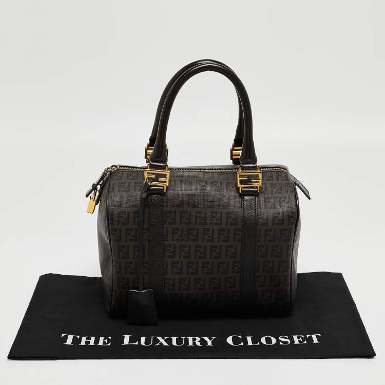 Pre Owned Fendi Dark Brown Zucchino Coated Canvas Small Forever Bauletto Boston Bag
