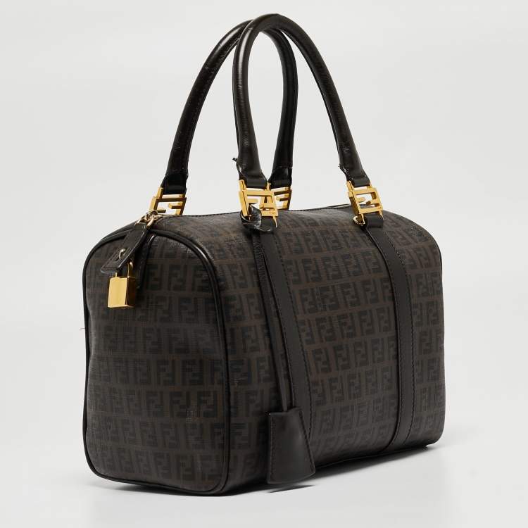 Pre Owned Fendi Dark Brown Zucchino Coated Canvas Small Forever Bauletto Boston Bag