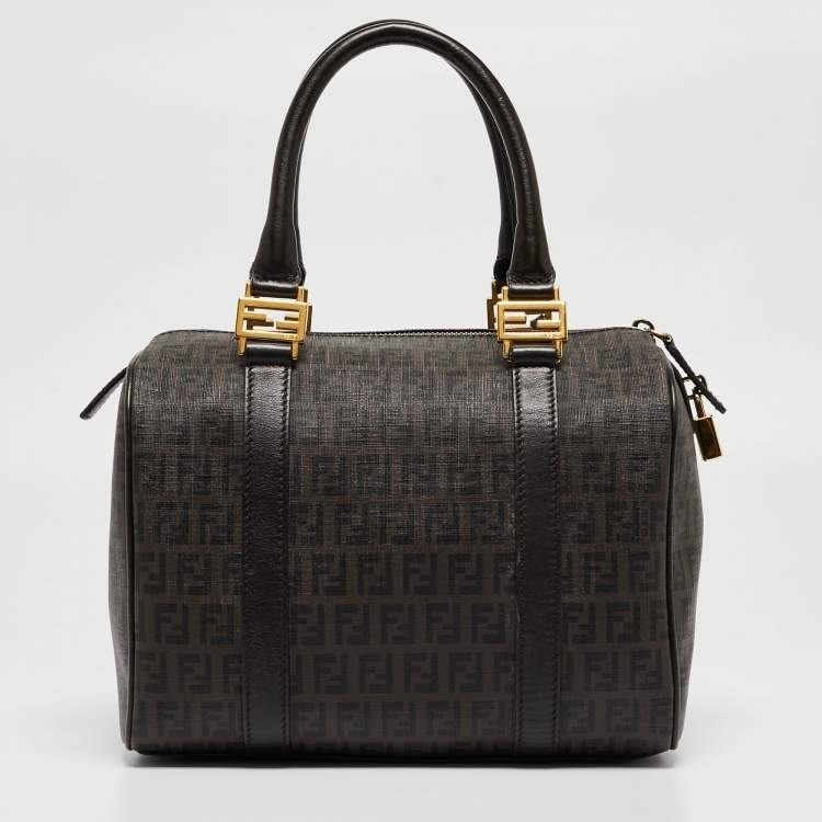 Pre Owned Fendi Dark Brown Zucchino Coated Canvas Small Forever Bauletto Boston Bag