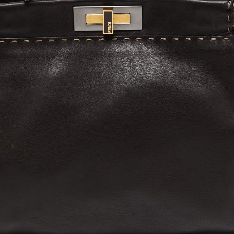 Pre Owned Fendi Dark Brown Leather Small Peekaboo Top Handle Bag
