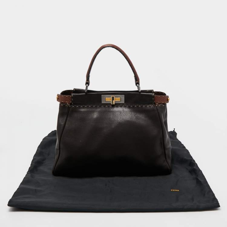 Pre Owned Fendi Dark Brown Leather Small Peekaboo Top Handle Bag