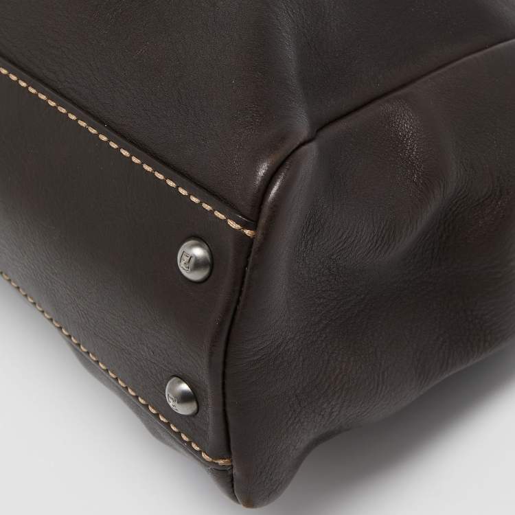 Pre Owned Fendi Dark Brown Leather Small Peekaboo Top Handle Bag