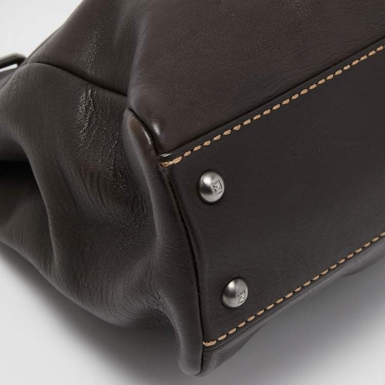 Pre Owned Fendi Dark Brown Leather Small Peekaboo Top Handle Bag