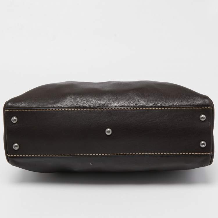 Pre Owned Fendi Dark Brown Leather Small Peekaboo Top Handle Bag