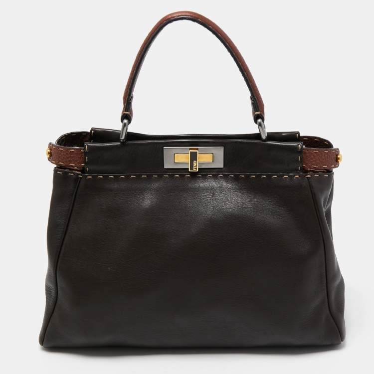 Pre Owned Fendi Dark Brown Leather Small Peekaboo Top Handle Bag