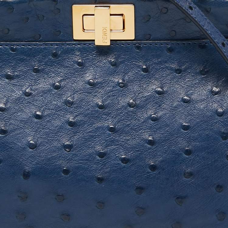 Pre Owned Fendi Navy Blue Ostrich Leather Mini Peekaboo Top Handle Bag