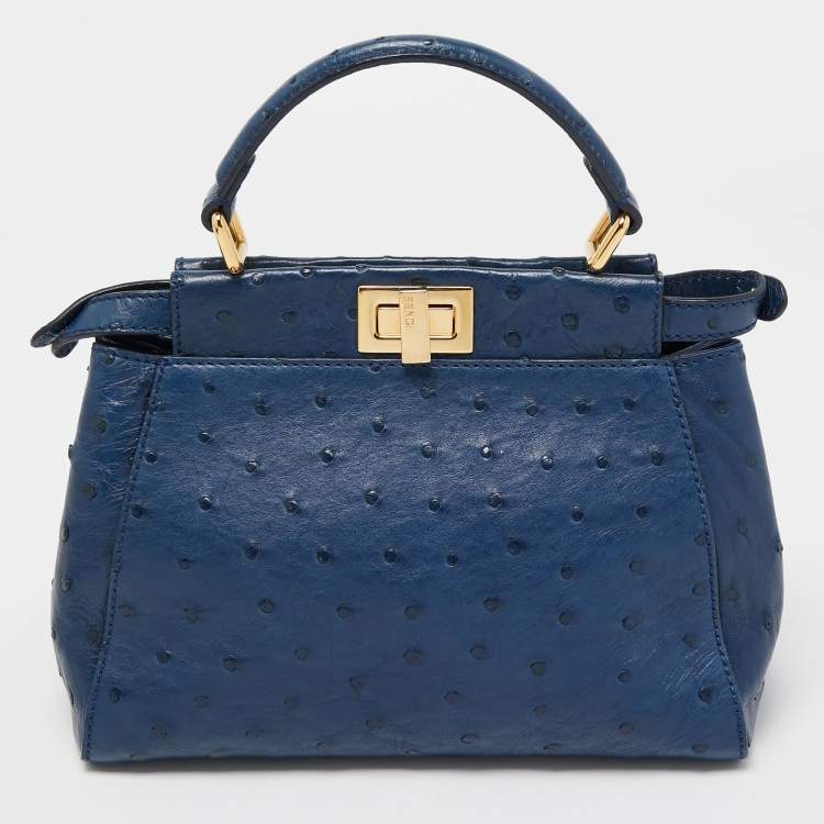 Pre Owned Fendi Navy Blue Ostrich Leather Mini Peekaboo Top Handle Bag