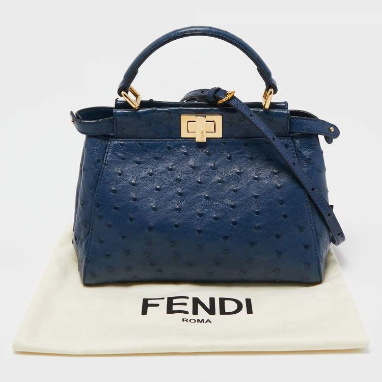 Pre Owned Fendi Navy Blue Ostrich Leather Mini Peekaboo Top Handle Bag