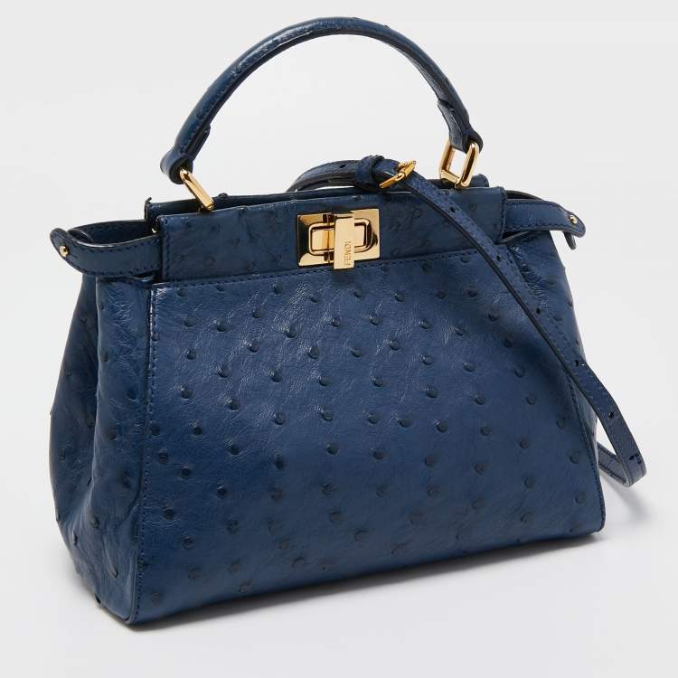 Pre Owned Fendi Navy Blue Ostrich Leather Mini Peekaboo Top Handle Bag