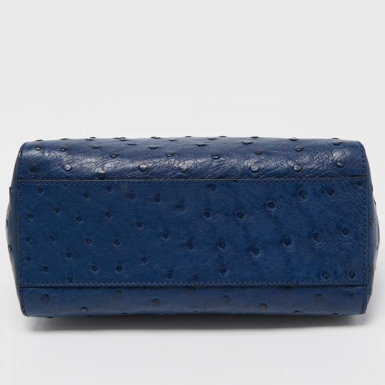 Pre Owned Fendi Navy Blue Ostrich Leather Mini Peekaboo Top Handle Bag