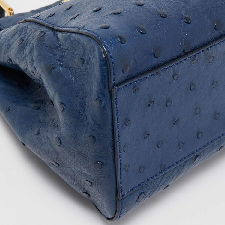 Pre Owned Fendi Navy Blue Ostrich Leather Mini Peekaboo Top Handle Bag