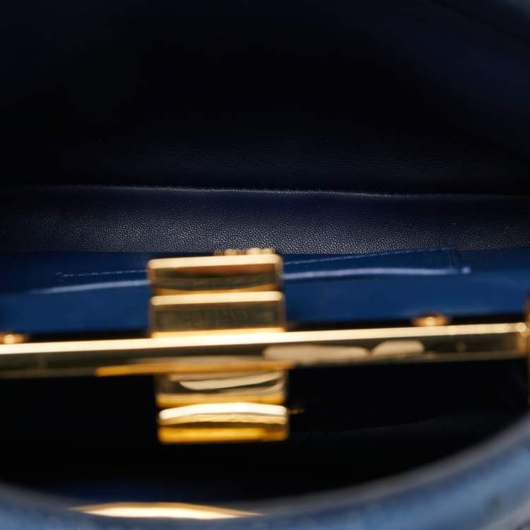 Pre Owned Fendi Navy Blue Ostrich Leather Mini Peekaboo Top Handle Bag